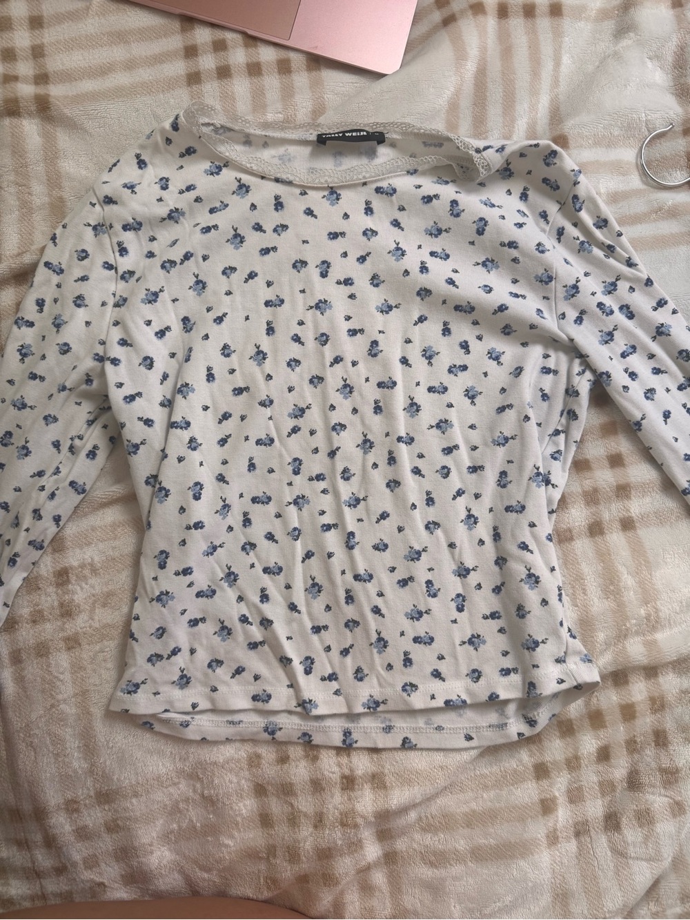 White Long-Sleeve Top with Blue Floral Print